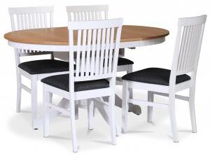 Fitchburg matgrupp runt matbord 106 /141 cm - Vit / oljad ek med 4 st Fårö stolar med sits i grått tyg
