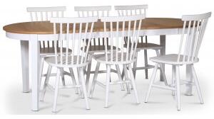 Fårö matgrupp matbord 160/210x90 cm - Vit / oljad ek med 6 st vita Karl pinnstolar - Matgrupper