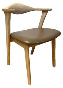 Designer matsalsstol med armstöd - ljusbrunt läder och massiv vitoljad ek