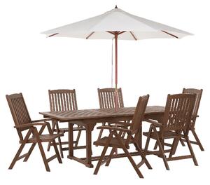 Trädgårdsmatgrupp Mörkt utdragbart bord i massivt akaciaträ 6 stolar med parasoll Justerbart ryggstöd Fällbart Rustik stil Beliani