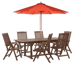 Trädgårdsmatset Mörkt utdragbart bord i massivt akaciaträ 6 stolar med parasoll Justerbart ryggstöd Fällbart Rustik stil Beliani
