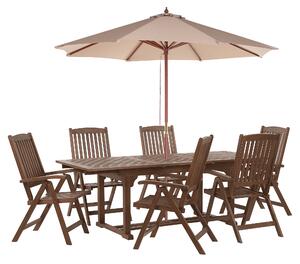Matgrupp för trädgården Mörkt utdragbart bord i massivt akaciaträ 6 stolar med parasoll Justerbart ryggstöd Fällbart Rustik stil Beliani