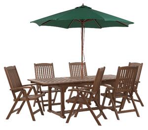 Trädgårdsmatset Mörkt utdragbart bord i massivt akaciaträ 6 stolar med parasoll Justerbart ryggstöd Fällbart Rustik stil Beliani