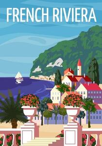 Illustration French Riviera Nice coast poster vintage., VectorUp