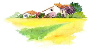 Illustration Rural house and yellow field in, zzorik
