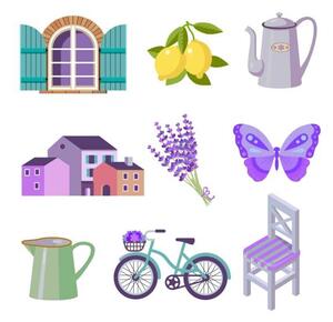 Illustration set of color flat vector icons for Provence travel, kukurikov