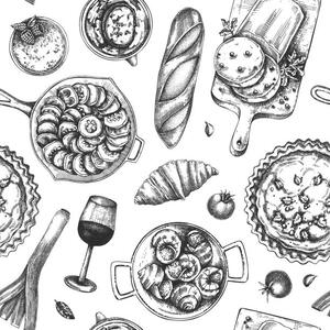 Illustration French food seamless pattern, Ievgeniia Lytvynovych, (40 x 40 cm)