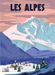 Illustration Les Alpes Ski resort poster, retro., VectorUp