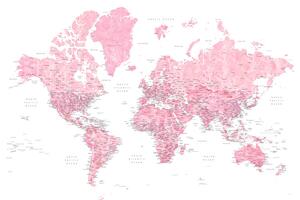 Karta Detailed pink watercolor world map, Damla, Blursbyai