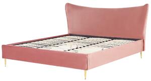 Säng Rosa Sammet 180 x 200 cm King Size Stoppad Ram Sängben i metall Sänggavel med Räfflor Modern Glamourös Stil Sovrum Beliani