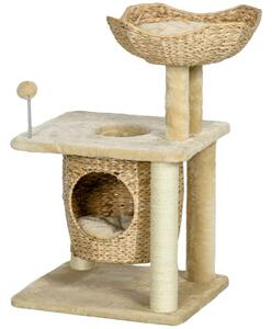 Beige kattskrapstolpe med grotta och lekboll