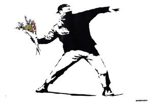 Poster, Affisch Banksy street art - graffiti throwing flowers, (59 x 42 cm)