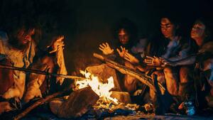 Illustration Neanderthal or Homo Sapiens Family Cooking, gorodenkoff