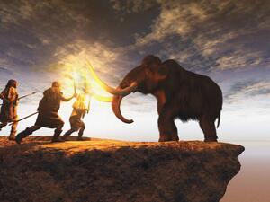 Illustration Prehistoric men hunting a young mammoth, estt