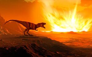 Illustration Tyrannosaurus observing asteroid impact, illustration, MARK GARLICK/SCIENCE PHOTO LIBRARY