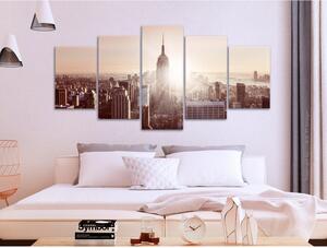 Canvas Tavla - Sun over Manhattan (5 delar) Wide Brown - 100x50