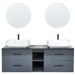 Badrumsskåp med dubbla handfat Grå MDF 4 lådor Hängande skåp 2 speglar LED-touch Beliani