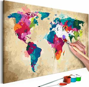 ARTGEIST DIY-världskarta Colourful målning - vit duk, inkl. färg och 2 penslar