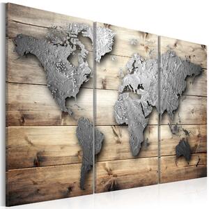 ARTGEIST - Världskarta i metalllook på brädor tryckta på duk, 3-delat - Flera storlekar 120x80
