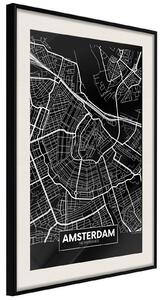 Inramad Poster / Tavla - City Map: Amsterdam (Dark) - 30x45 Svart ram