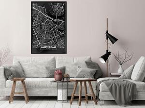 Inramad Poster / Tavla - City Map: Amsterdam (Dark) - 20x30 Guldram
