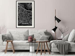 Inramad Poster / Tavla - City Map: Amsterdam (Dark) - 30x45 Guldram