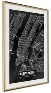 Inramad Poster / Tavla - City Map: New York (Dark) - 20x30 Guldram med passepartout