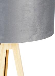 Golvlampa trä med tygskärm grå 50 cm - Tripod Classi
