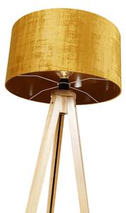 Golvlampa trä med tygskärm guld 50 cm - Tripod Classic