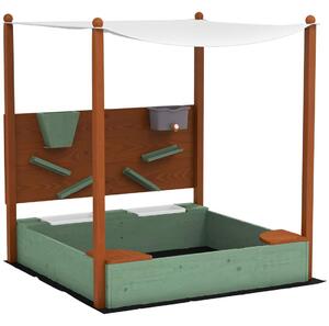 Sandlåda med tak, 116 x 112,5 cm träsandlåda med sits, 2 behållare, sand- och vattenleksaker, hink med kran för 3-6 år barn grön
