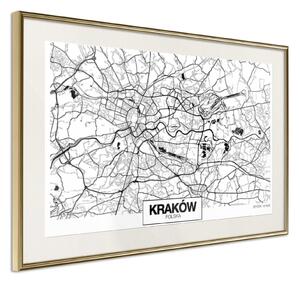 Inramad Poster / Tavla - City Map: Cracow - 90x60 Svart ram med passepartout