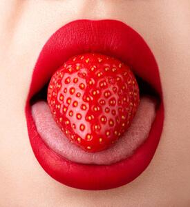 Fotografi Woman mouth extreme close-up. Strawberry on, Andrei Ureche, (35 x 40 cm)