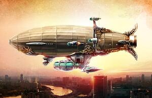 Illustration Dirigible balloon in the sky over a city, Rustic