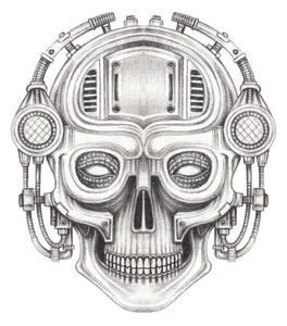 Illustration Cyberpunk skull tattoo., Jiewsurreal