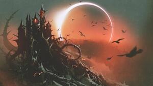 Illustration castle of thorn with solar eclipse in dark sky, Grandfailure