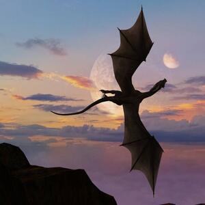 Illustration Illustration of single horned dragon soaring, BWFolsom