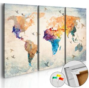 ARTGEIST Free as a bird - Geometrisk världskarta med fåglar tryckta på kork, 3-delad - Flera storlekar 90x60
