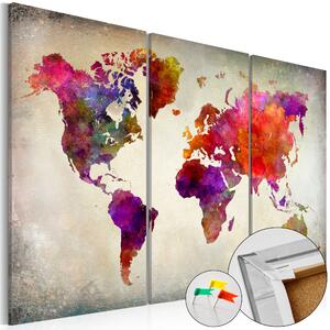 ARTGEIST - Färgglad världskarta i många nyanser tryckt på kork, 3-delad - Flera storlekar 120x80