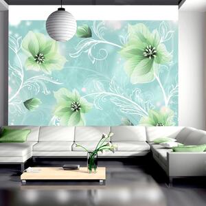 ARTGEIST - Fototapet med gröna blommor på ljusblå bakgrund - Flera storlekar 250x175
