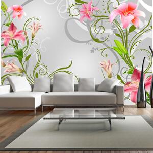 ARTGEIST -Fototapet med rosa liljor på en grå bakgrund - Flera storlekar 300x210