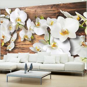 ARTGEIST -Fototapet med vita orkidéer mot bakgrund av bränt trä - Flera storlekar 150x105