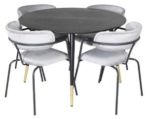 VENTURE DESIGN Dipp Matbordsset, med 4 Stolar - Svart Fanér / Mässing Svart Metall, Grått Tyg / Svart Metall