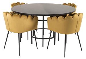 VENTURE DESIGN Copenhagen Matbordsset, med 4 Stolar - Svart Fanér / Svart Metall och Gul Sammet / Svart Metall