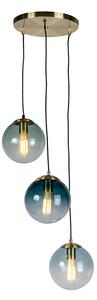 Art deco hängande lampa mässing med blått glas - Pallon