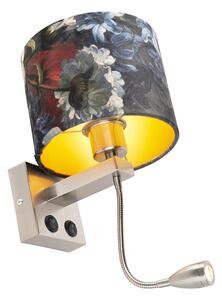 Vägglampa stål med velour skugga blommor med guld - Brescia