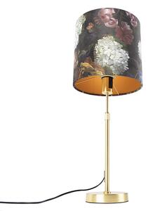 Bordslampa guld / mässing med velourskugga blommor 25 cm - Parte
