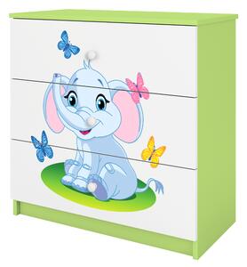 Babydreams barnbyrå med elefant och fjärilar, m. 3 lådor - vit och grön laminat