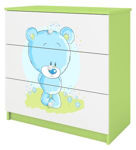Babydreams barnbyrå med blå nallebjörn, med 3 lådor - vit och grön laminat