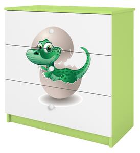Babydreams barnbyrå med liten dino, m. 3 lådor - vit och grön laminat