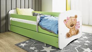 Babydreams juniorsäng med nalle/blommor, med madrass, sänghäst, låda - vit och grön laminat